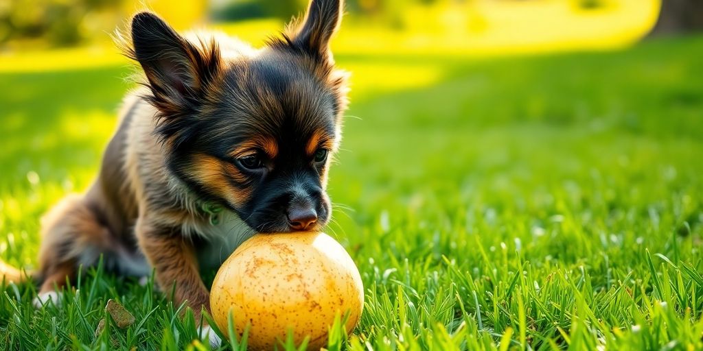 Dog sniffing a coconut on a grassy field.