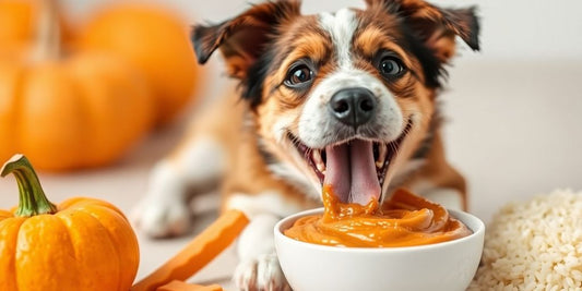 Happy dog eating paste for diarrhea relief.