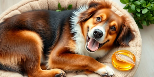 Dog on bed with natural supplements and herbs.