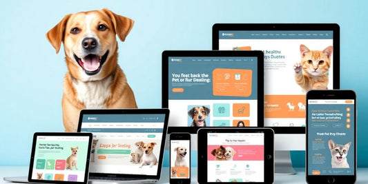 Pet care websites on devices with happy pets.