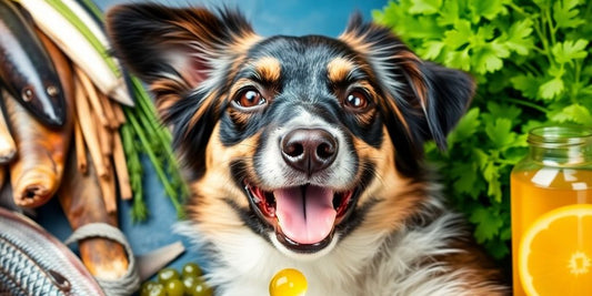Dog enjoying fish oil with fresh fish and greens.