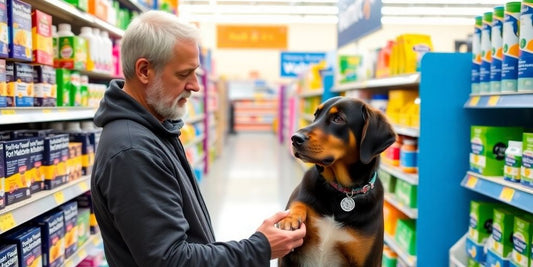 Pet owner looking at dog melatonin in Walmart aisle.