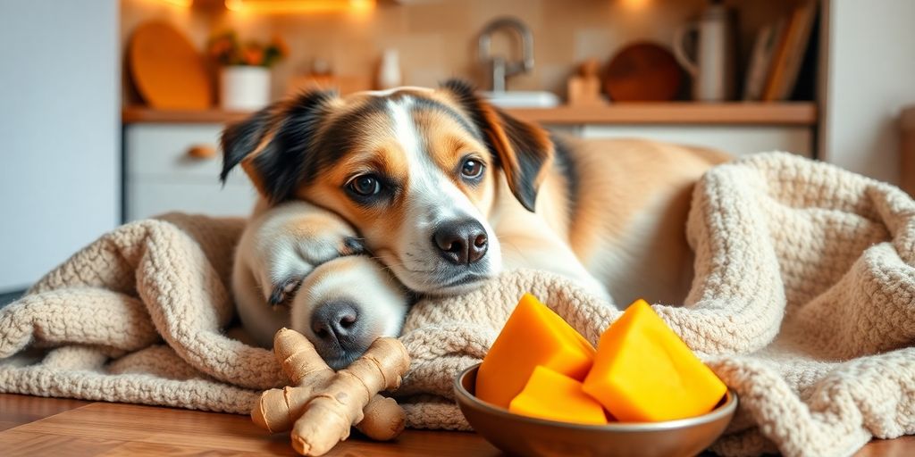 A dog resting with natural remedies in a cozy kitchen.