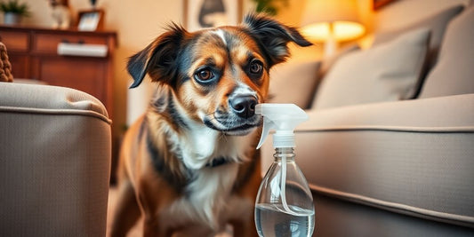 Dog with spray bottle near safe furniture.