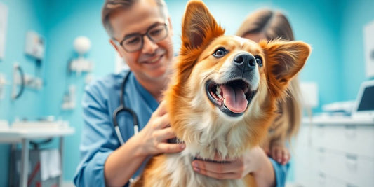 Veterinarian examining a happy dog in a clinic.