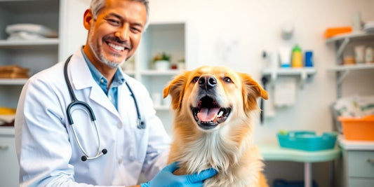 Veterinarian examining a happy dog in a clinic.