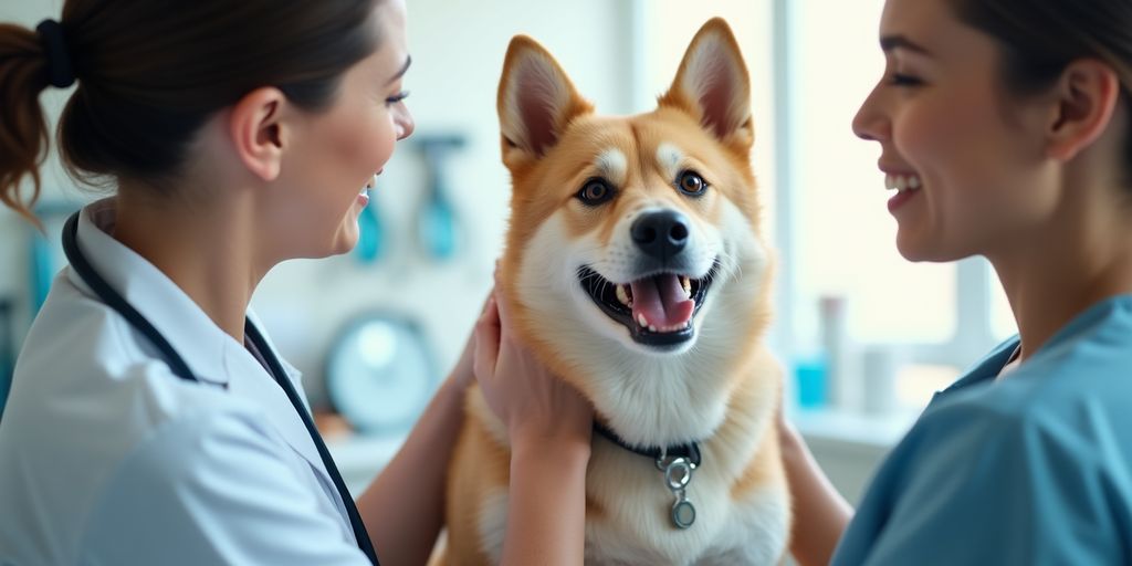 Veterinarian examining a happy dog in a clinic.