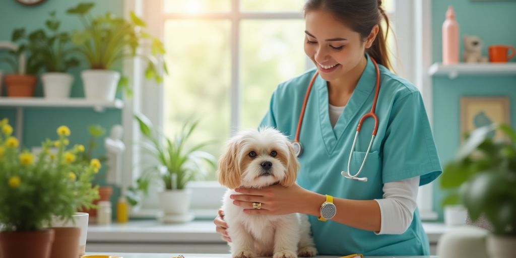 Veterinarian with a dog in a warm clinic.