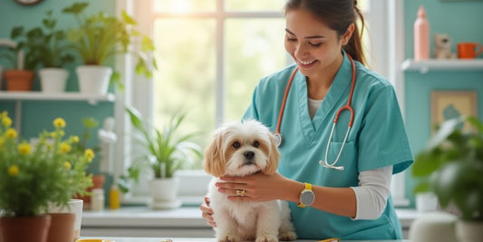 Veterinarian with a dog in a warm clinic.