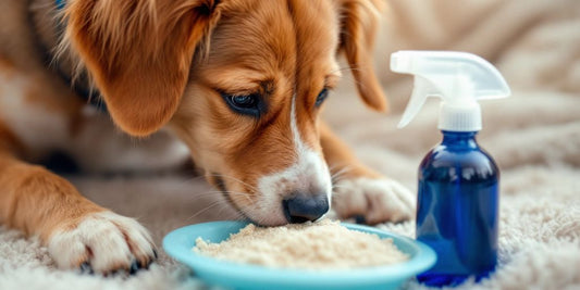 Dog with a spray bottle near homemade items.
