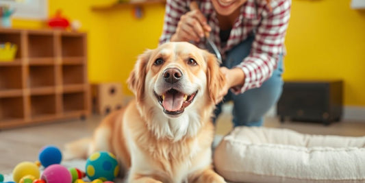 Dog owner grooming a happy dog in a bright setting.