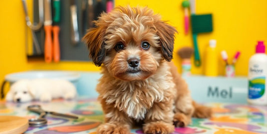 Toy Poodle on grooming table with tools around.