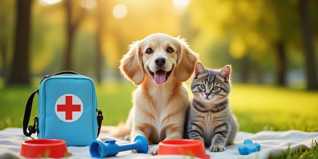 Dog and cat enjoying a sunny day in the park.