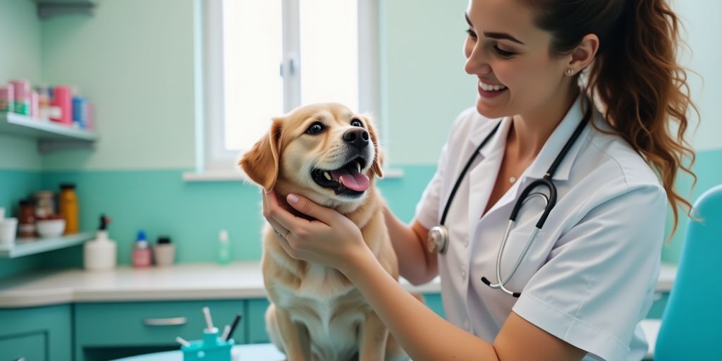 Vet grooming a dog in a clean, bright clinic.