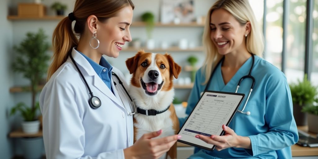 Veterinarian reviewing pet health records on a tablet.