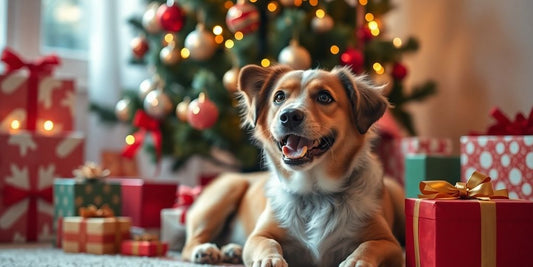Playful dog in a festive holiday setting.