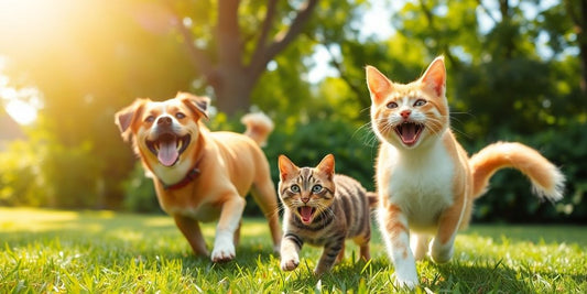 Happy dog and cat playing in a sunny garden.