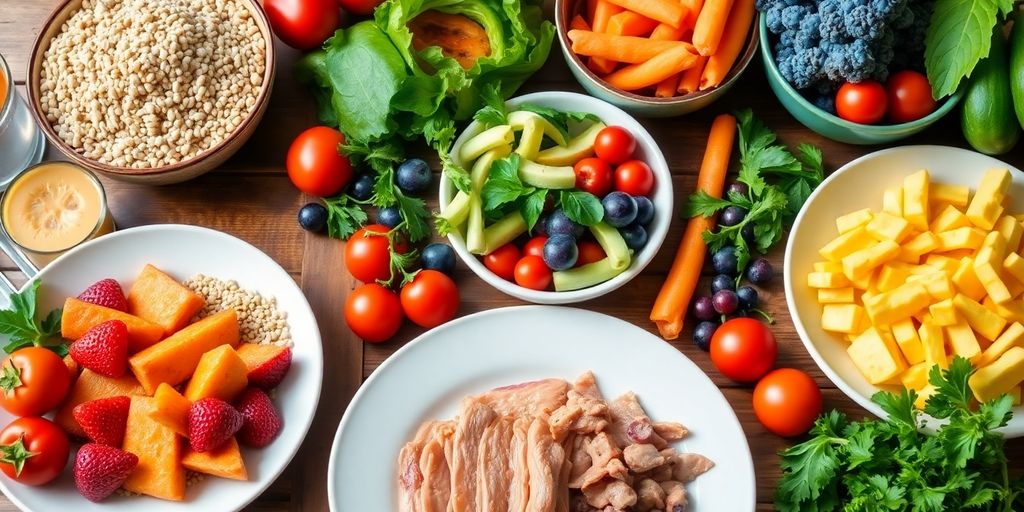 Colorful and healthy meals on a wooden table.