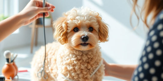 A Mini Poodle being groomed with brushes and scissors.