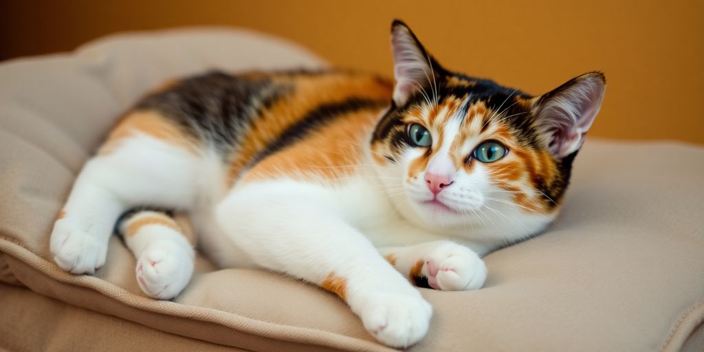 Calico cat with orange, black, and white fur patterns.