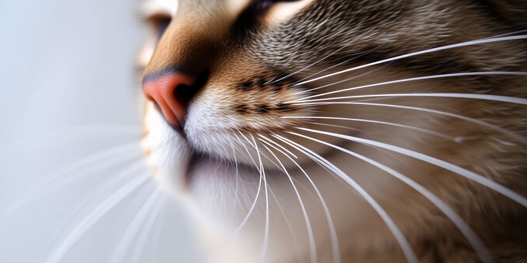 Close-up of a cat's whiskers against a blurred background.