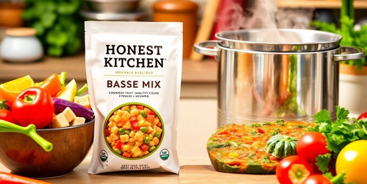 Colorful vegetables and Honest Kitchen Base Mix in a kitchen.