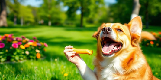 Happy dog showing healthy teeth with dental treat.