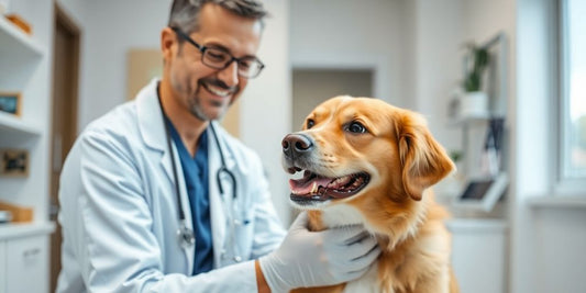 Veterinarian examining a happy dog in a clinic.