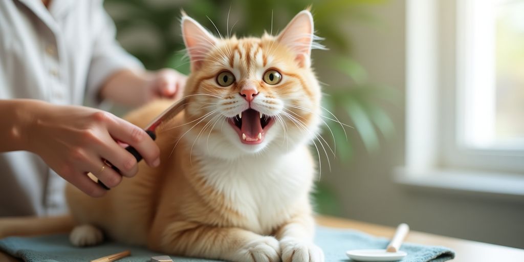 Cat grooming session with a happy feline on a table.