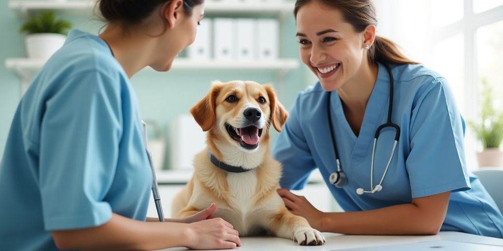 Veterinarian with a dog in a welcoming clinic.