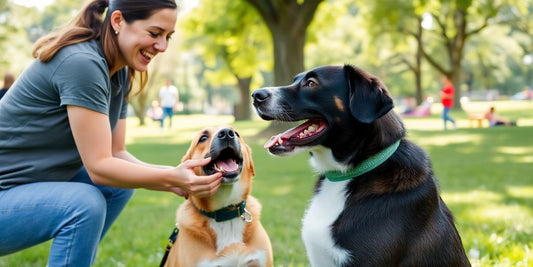Person feeding a cheerful dog in a park.