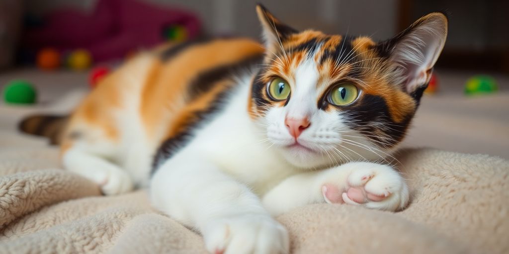 A calico cat with orange, black, and white fur.