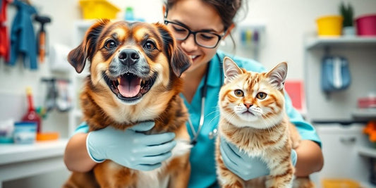 Vet examining a happy dog and cat in clinic.