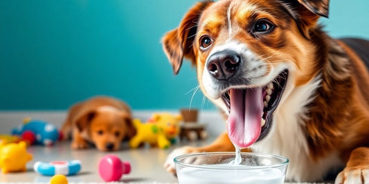 Dog enjoying water additive for better dental health.