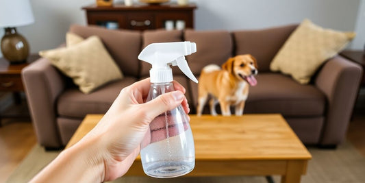 Hand holding dog anti chew spray bottle near furniture.