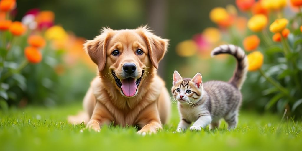 Happy dog and kitten playing in a colorful garden.