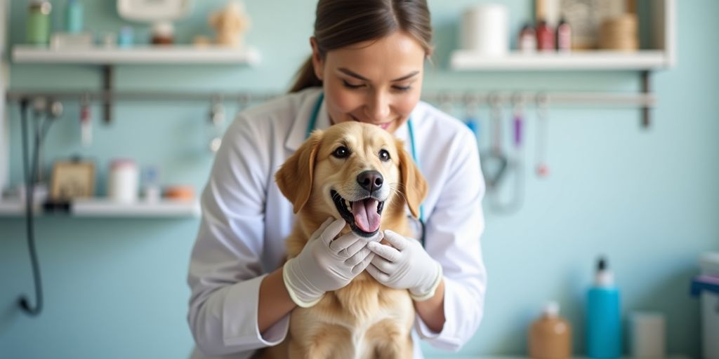 Veterinarian examining a happy dog in a clinic.