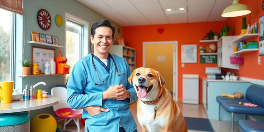 Veterinarian with a happy dog in a welcoming vet office.