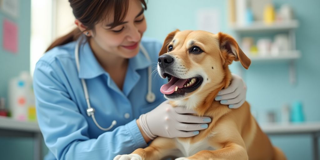 Veterinarian examining a happy dog in a clinic.