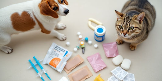 Medical supplies for pets with a dog and cat.