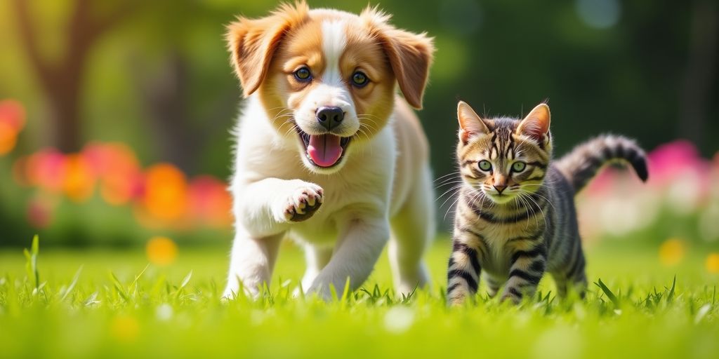 Happy dog and cat playing in a sunny park.