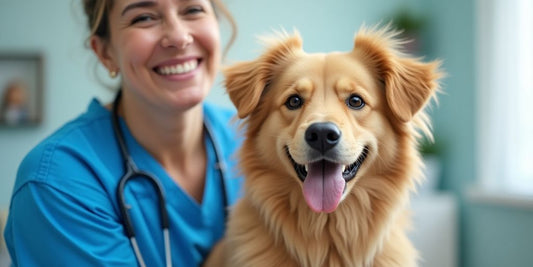 Dog and owner at a friendly veterinary clinic.