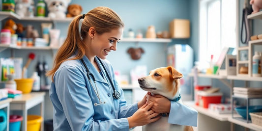 Veterinarian with dog in a welcoming clinic.