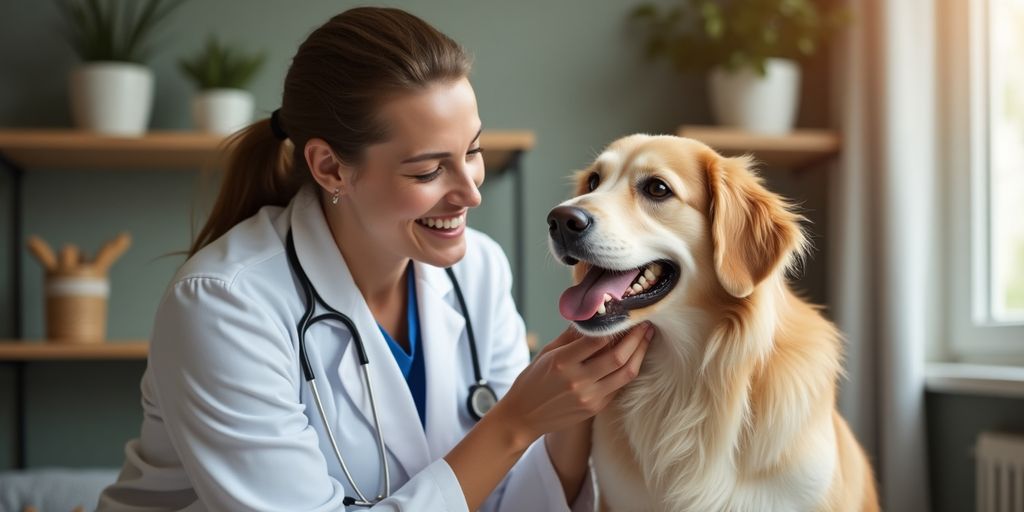 A veterinarian caring for a dog in a home setting.