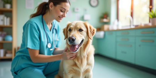 Friendly vet clinic with a happy dog and staff.