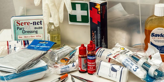 pet first aid kit with medical supplies and pets in a home setting