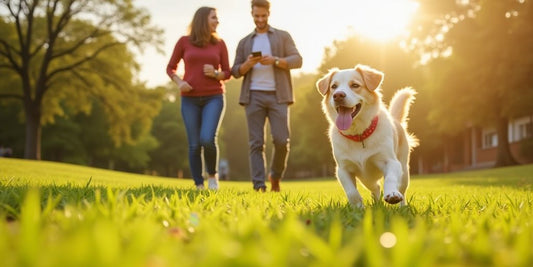 Happy dog with owner using health app in park.