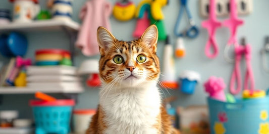 Calm cat in a bright veterinary clinic setting.