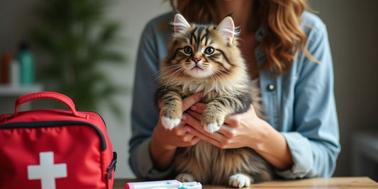 Cat owner holding a cat with emergency supplies nearby.