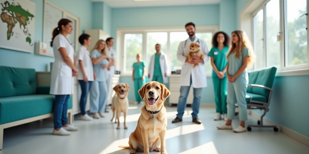 Vet clinic with friendly staff and happy pets.